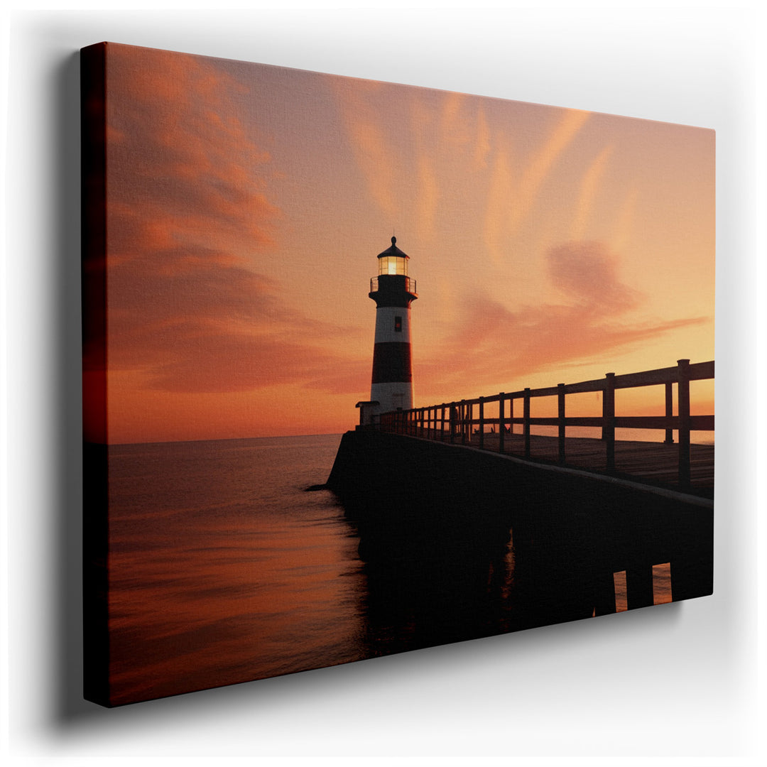 canvas print on wrapped canvas for wall decor – This enchanting wall art captures the serene beauty of a maritime landscape at sunset, featuring a stately lighthouse th...