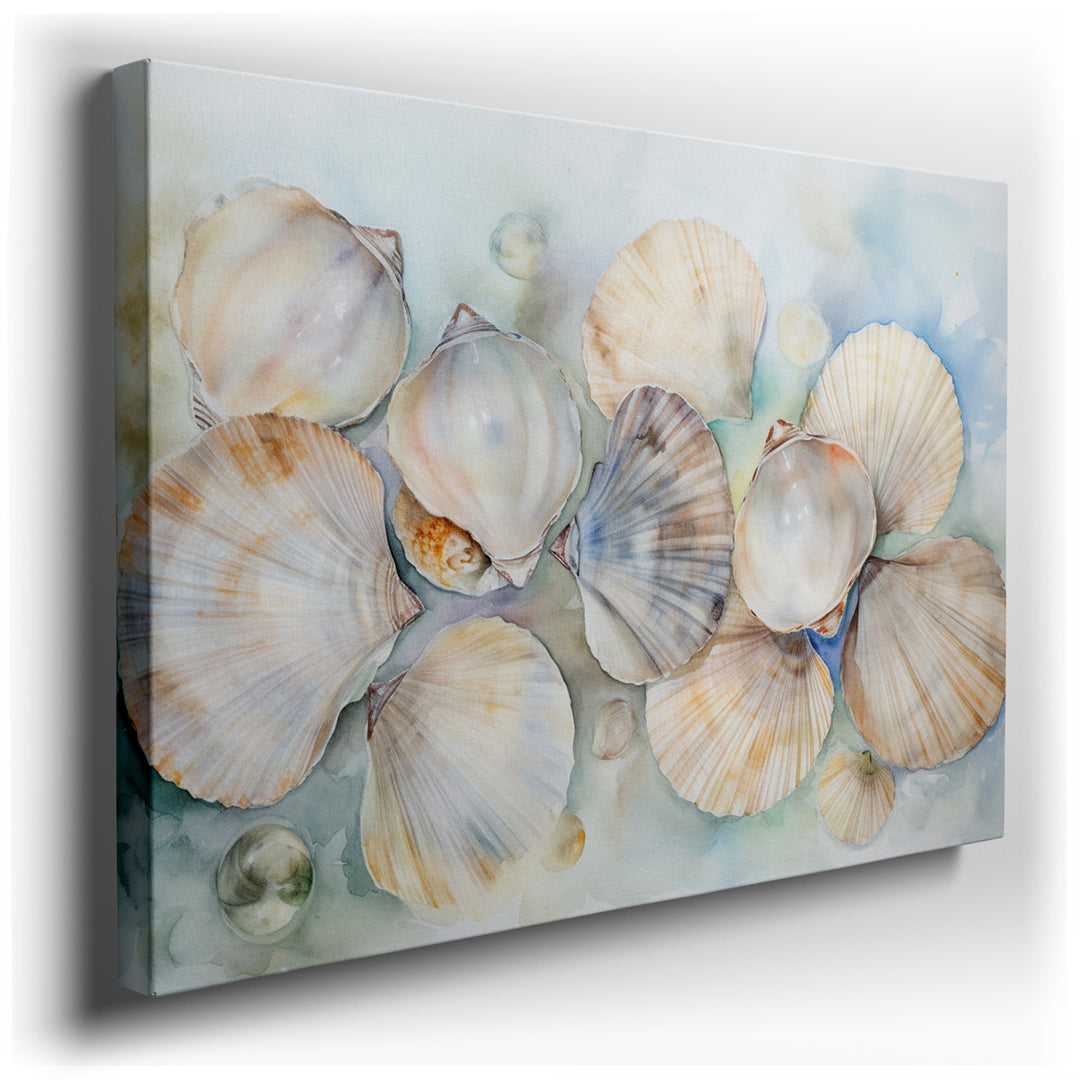 canvas print on wrapped canvas for wall decor – This exquisite watercolor wall art captures the serene beauty of a collection of seashells, each rendered with meticulou...