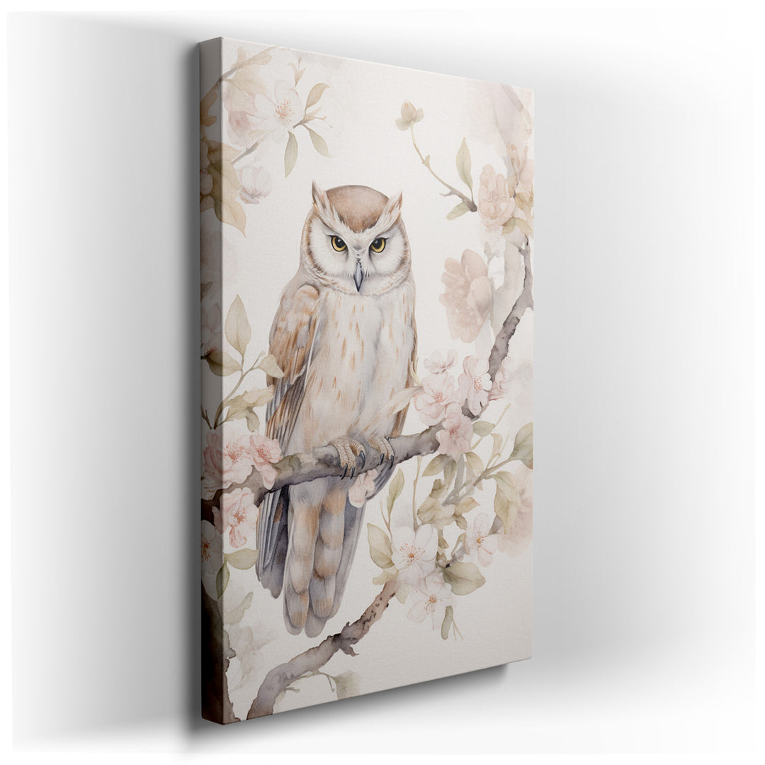 canvas print on wrapped canvas for wall decor – This wall art, a masterful depiction of a barn owl perched gracefully on a branch amidst a shower of cherry blossoms, is...