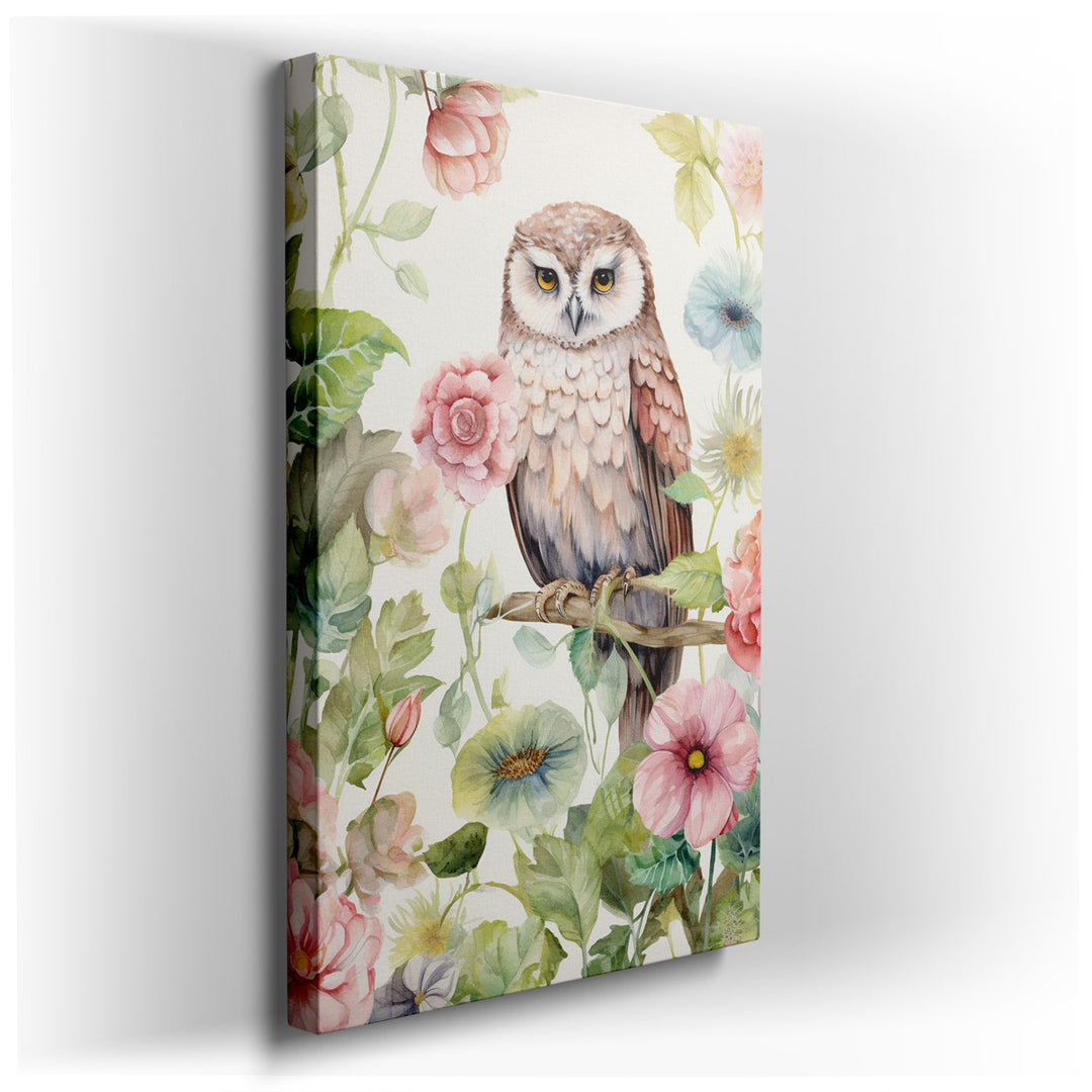 canvas print on wrapped canvas for wall decor – This enchanting watercolor wall art presents a serene depiction of an owl nestled among a lush array of delicate flowers...