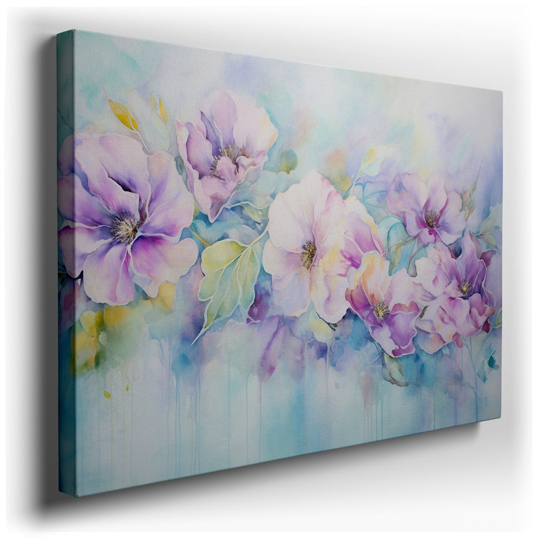 canvas print on wrapped canvas for wall decor – This enchanting wall art, a masterful display of watercolor techniques, captures the delicate beauty of a pastel floral...