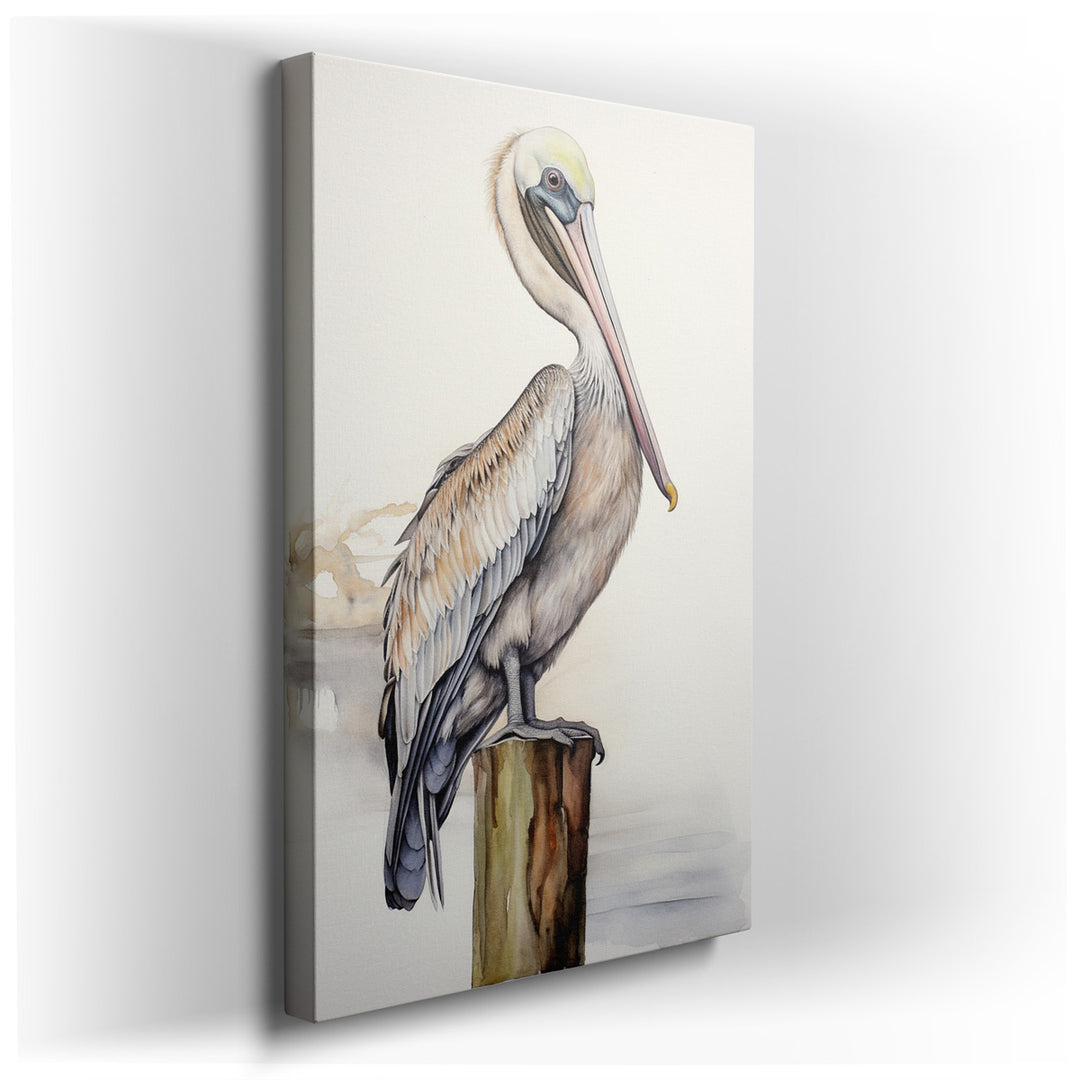 canvas print on wrapped canvas for wall decor – This wall art captures the essence of tranquility and natural beauty through the depiction of a majestic pelican perched...