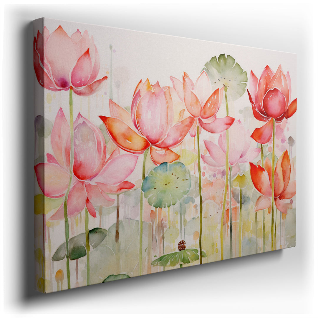 canvas print on wrapped canvas for wall decor – This wall art, an exquisite watercolor depiction of graceful pink lotus flowers rising above green lily pads, is a maste...