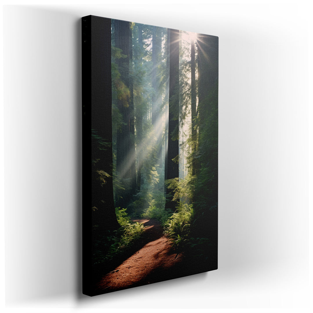 canvas print on wrapped canvas for wall decor – This wall art, a masterful depiction of a serene redwood forest, offers a breathtaking view that transports the viewer i...