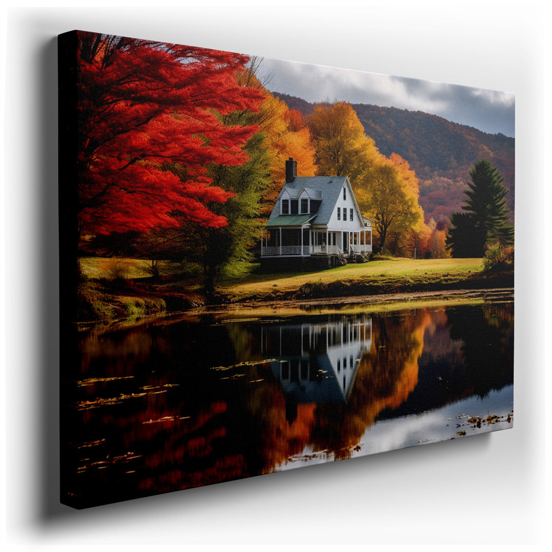 canvas print on wrapped canvas for wall decor – This wall art, a serene depiction of a charming white house mirrored perfectly in the still waters of a calm pond, is a...