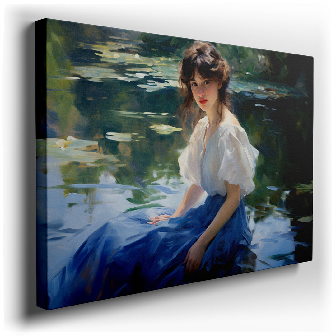 canvas print on wrapped canvas for wall decor – This enchanting wall art captures a serene moment in time, where a young woman, dressed in a simple yet elegant white bl...