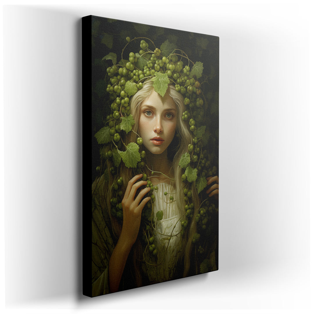 canvas print on wrapped canvas for wall decor – This exquisite wall art captures the serene and enchanting essence of a young woman, gracefully adorned with a lush crow...