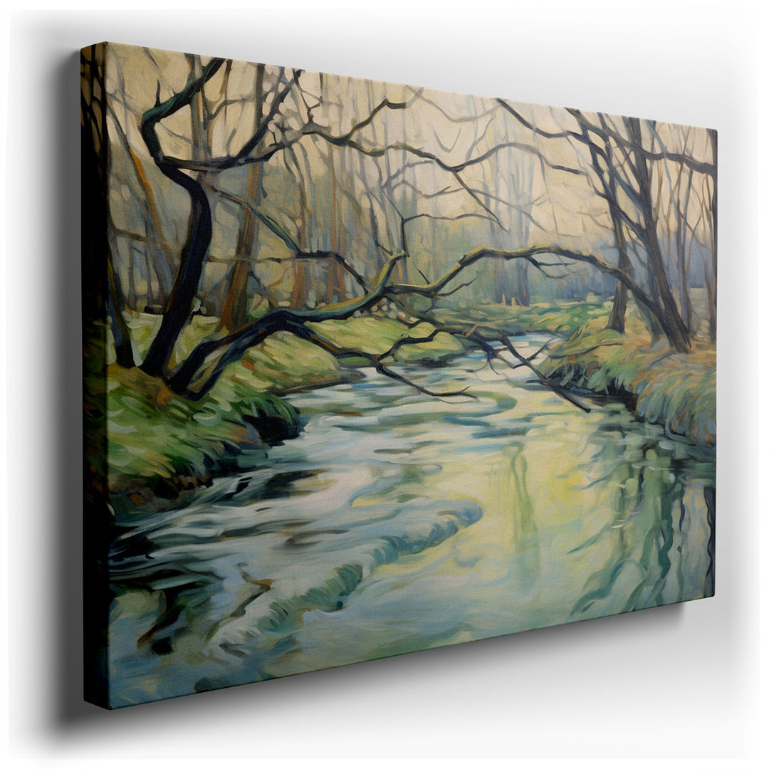 canvas print on wrapped canvas for wall decor – This exquisite wall art captures a serene river gently meandering through a lush forest, where delicate branches arch gr...
