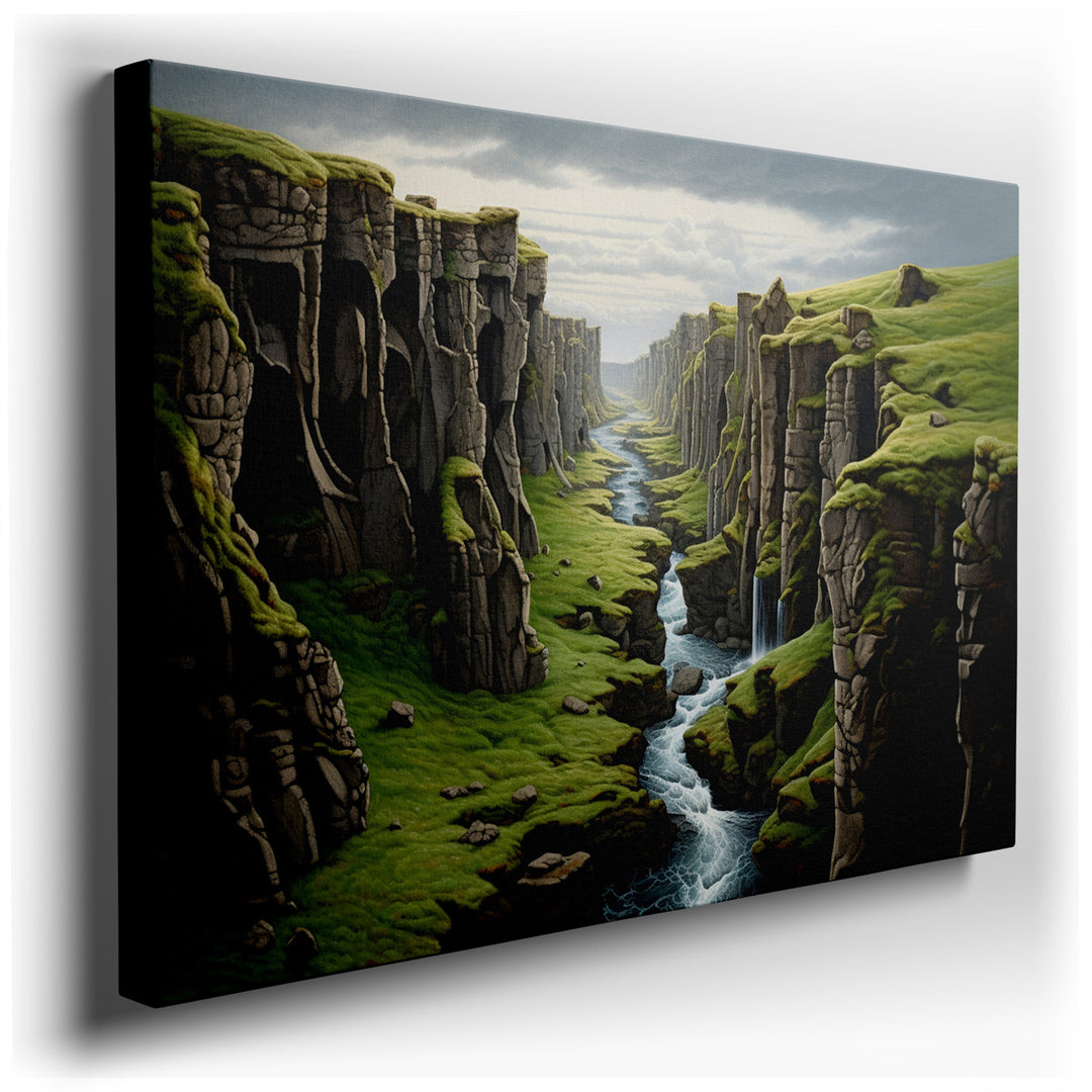 canvas print on wrapped canvas for wall decor – This exquisite wall art captures the majestic essence of a vast canyon landscape, where a serene river meanders graceful...