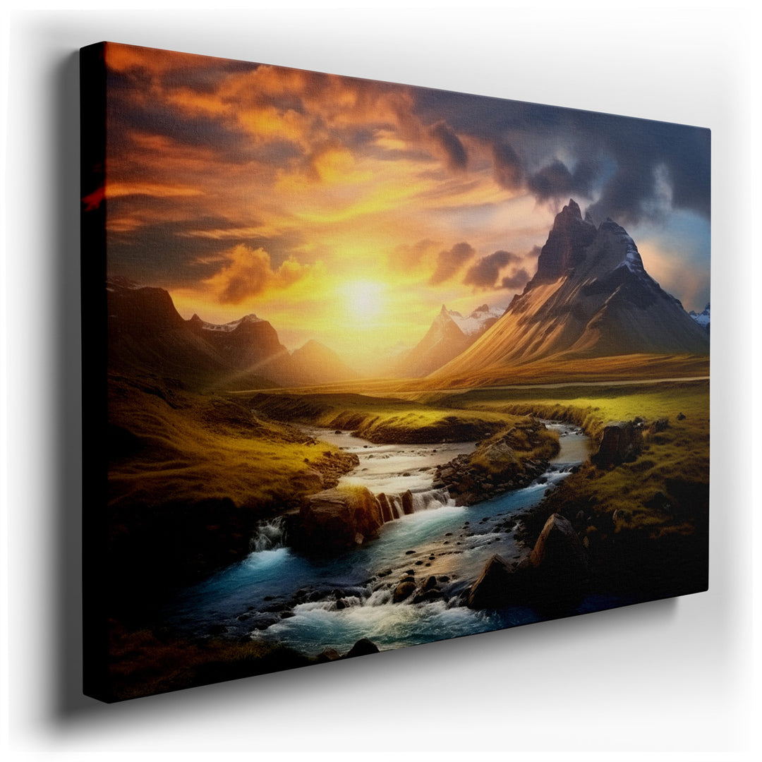 canvas print on wrapped canvas for wall decor – This exquisite wall art portrays a serene river gracefully meandering through towering mountains, bathed in the ethereal...