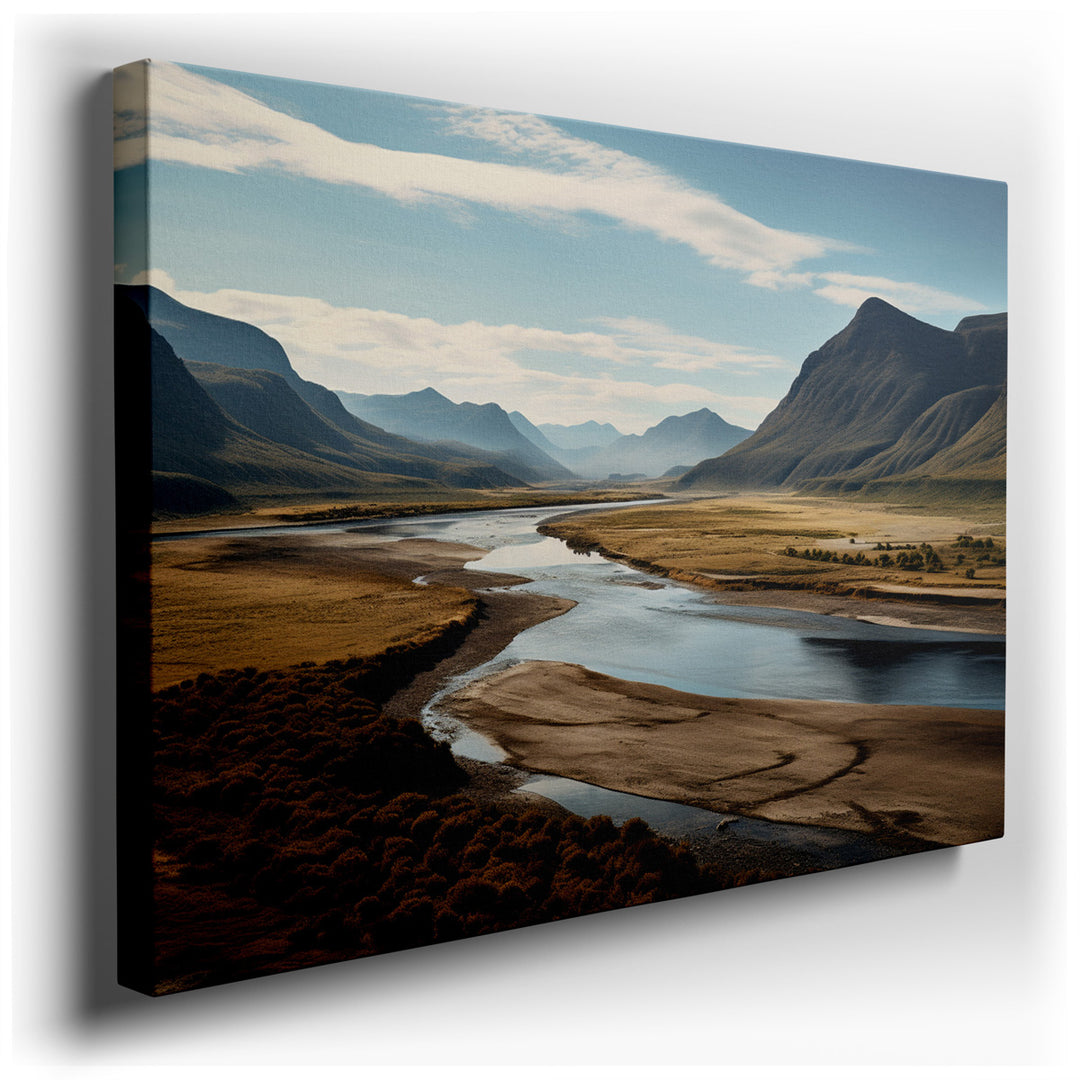 canvas print on wrapped canvas for wall decor – This exquisite wall art portrays a tranquil river meandering through a verdant valley, cradled by towering mountains und...
