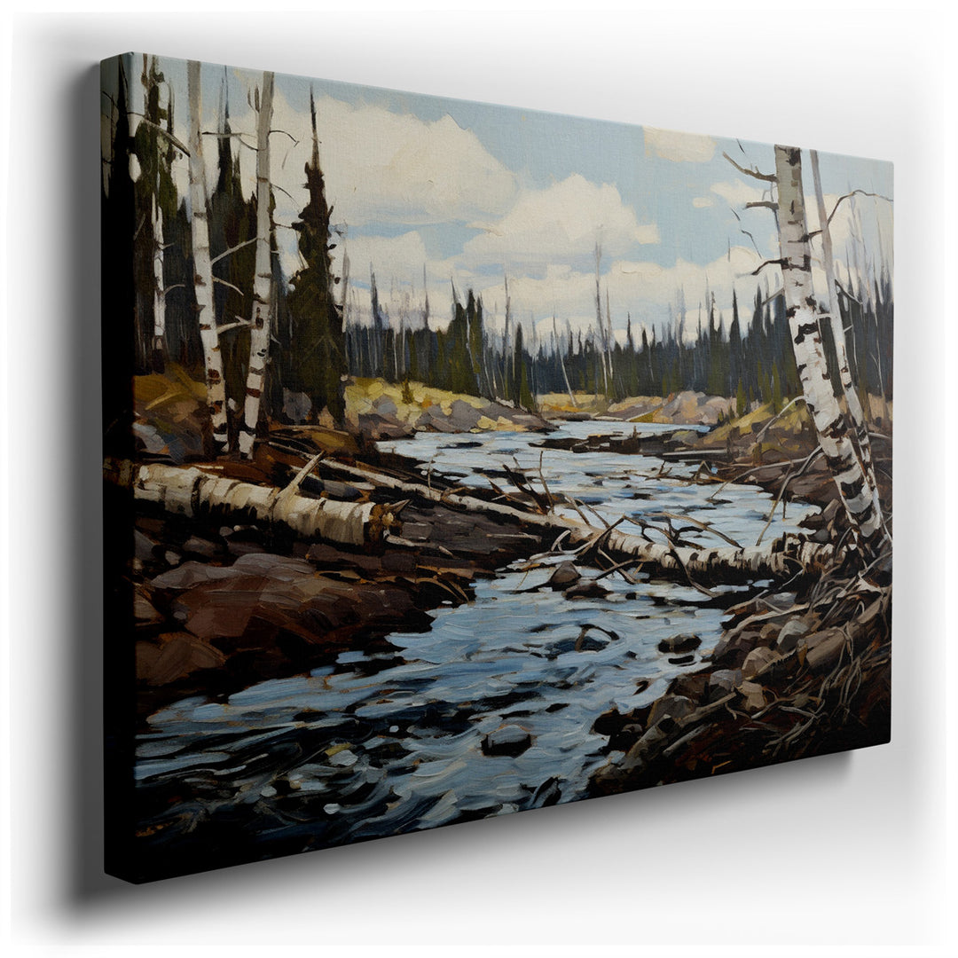 canvas print on wrapped canvas for wall decor – This serene river landscape wall art is a captivating portrayal of nature's quiet beauty, ideal for creating a peaceful...