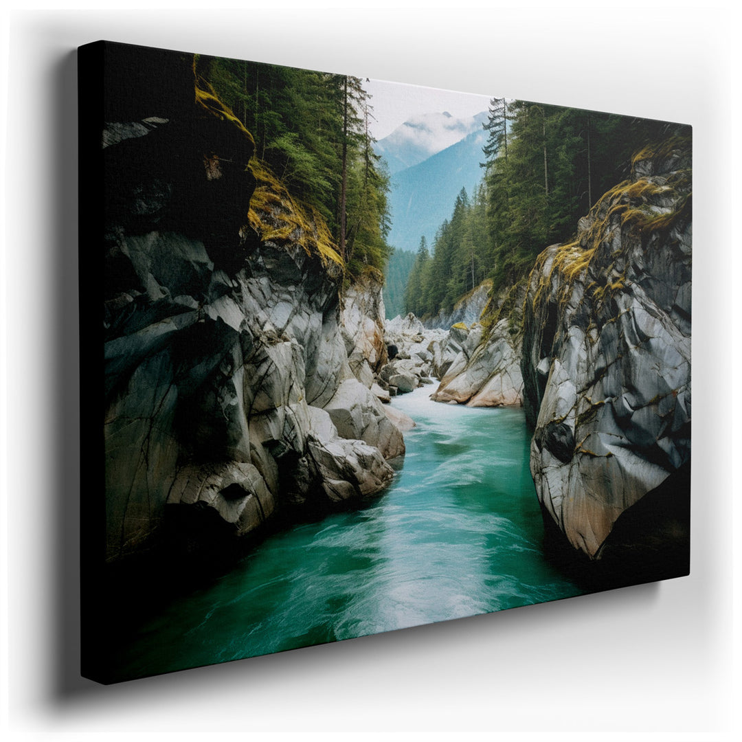 canvas print on wrapped canvas for wall decor – The wall art in question is a captivating landscape that masterfully captures the serene beauty of a tranquil river flow...