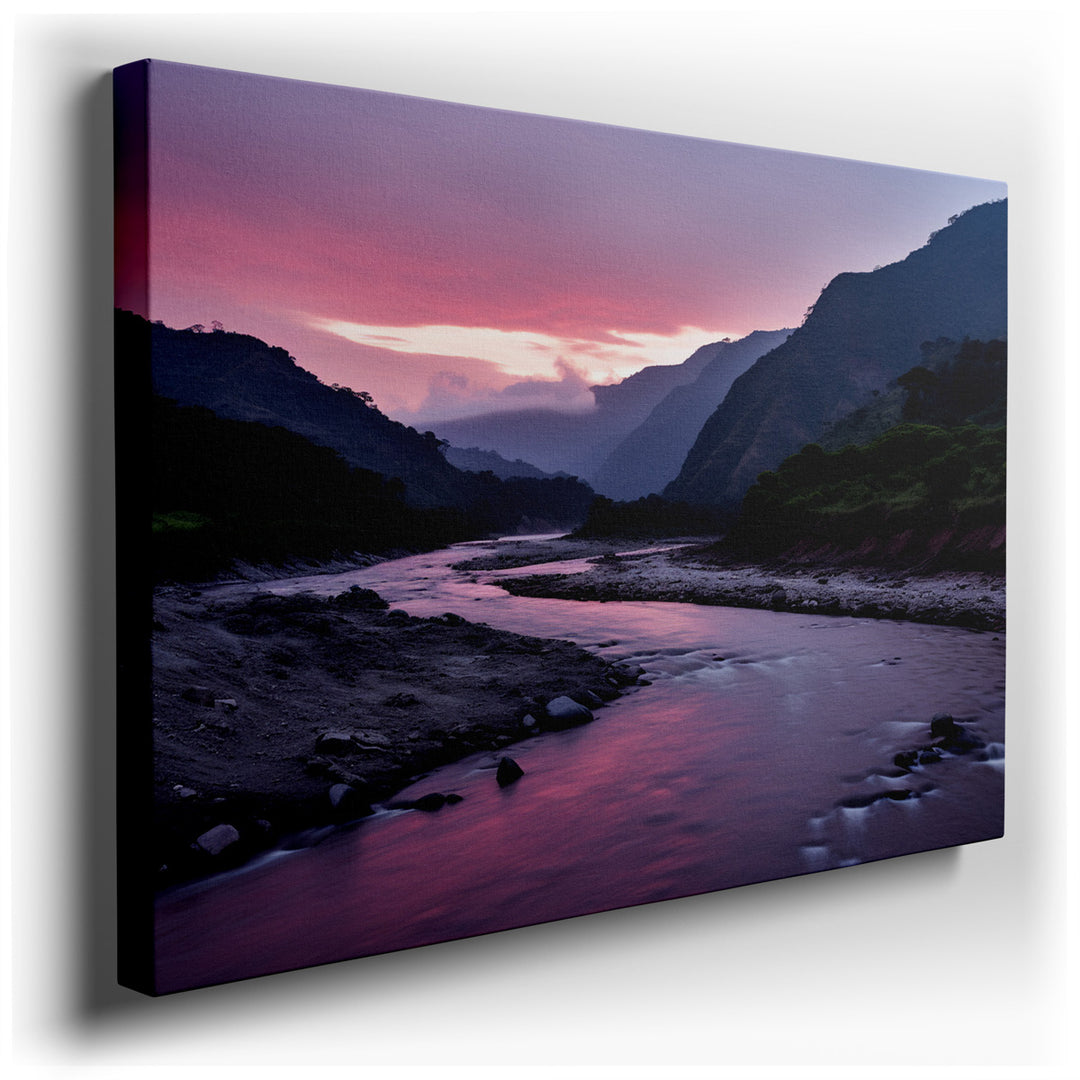 canvas print on wrapped canvas for wall decor – This exquisite wall art portrays a serene riverbed at the magical hour of sunset, encapsulating a moment of nature's qui...