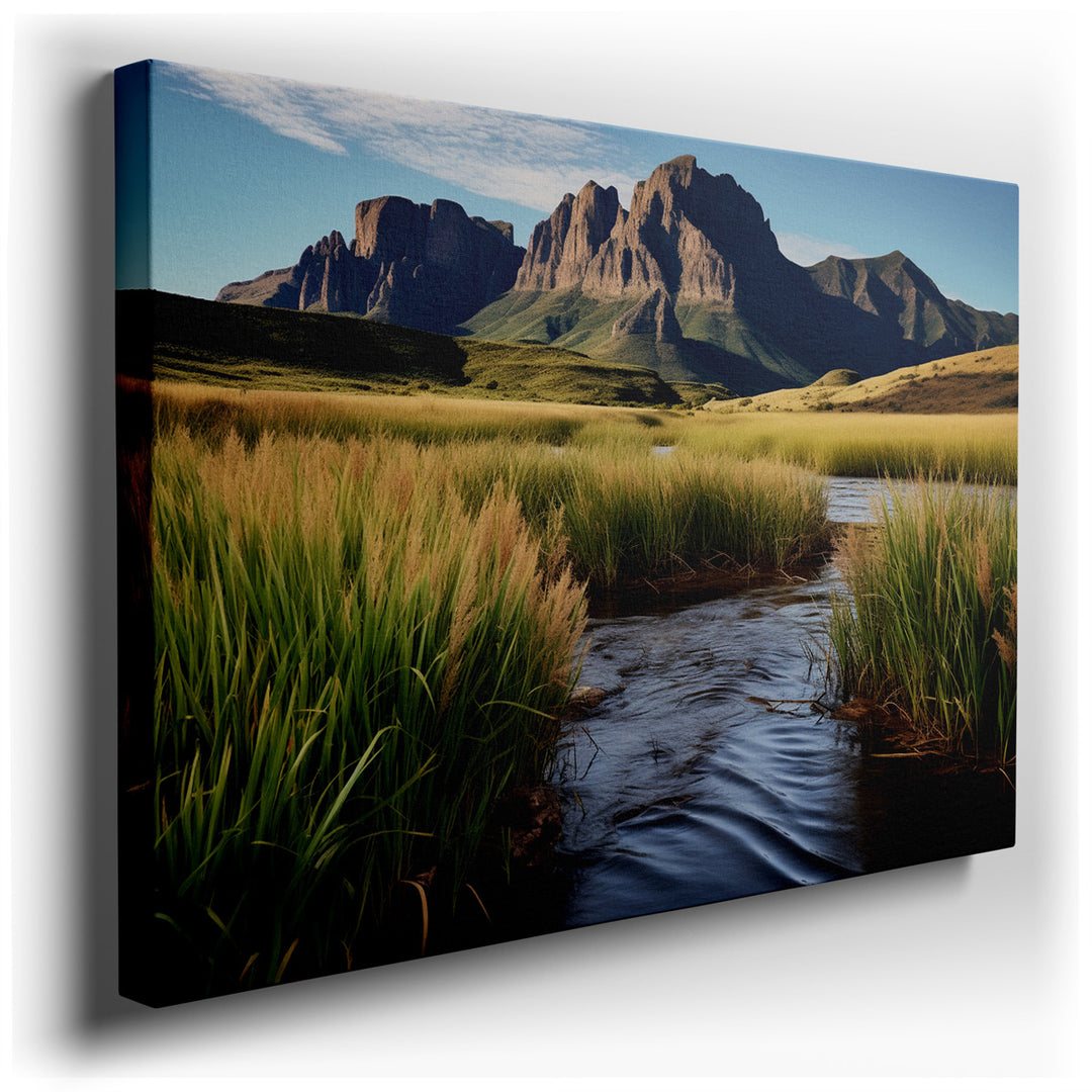 canvas print on wrapped canvas for wall decor – This exquisite wall art captures a serene riverscape, where the gentle flow of the river is bordered by lush, tall grass...