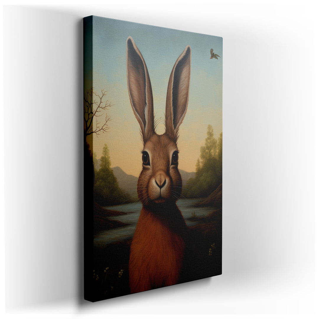 canvas print on wrapped canvas for wall decor – This enchanting wall art captures the serene beauty of nature intertwined with the whimsical charm of a majestic rabbit,...
