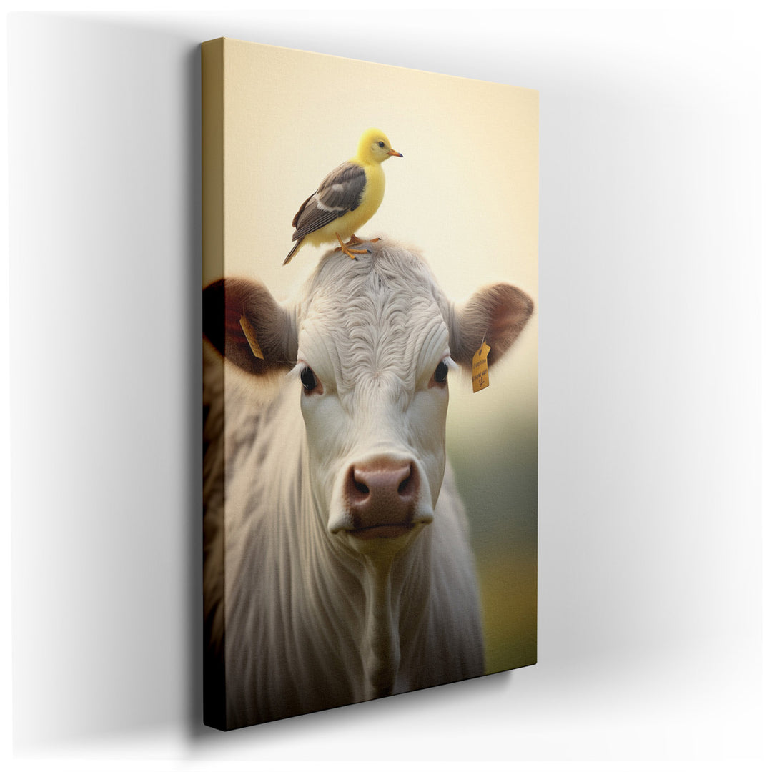 canvas print on wrapped canvas for wall decor – This enchanting wall art captures a whimsical and serene moment in rural life, featuring a gentle cow with a soft, invit...