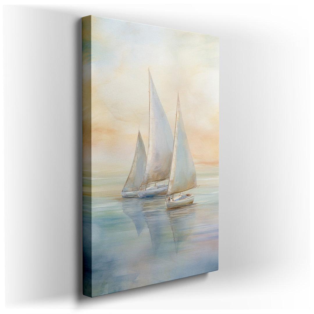 canvas print on wrapped canvas for wall decor – This enchanting wall art captures the serene beauty of a fleet of sailboats gliding gracefully across a tranquil sea, th...