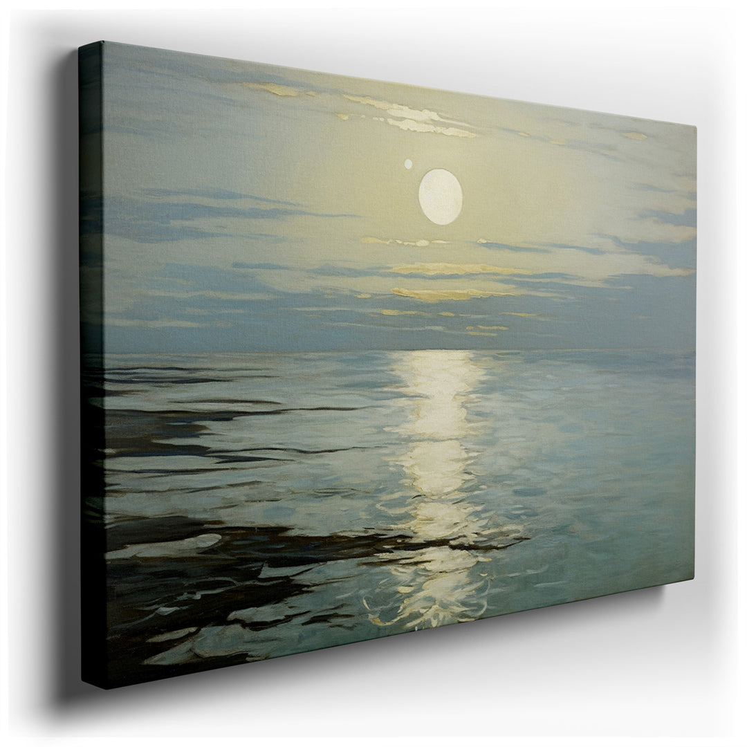 canvas print on wrapped canvas for wall decor – This exquisite wall art, a serene seascape, masterfully captures the ethereal beauty of a soft sunset gently mirrored on...