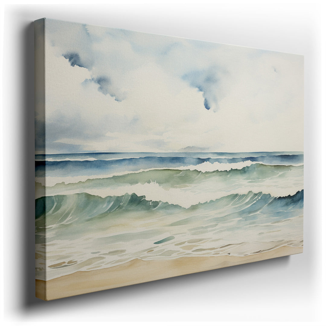 canvas print on wrapped canvas for wall decor – This exquisite watercolor wall art captures the serene beauty of a calm seascape, making it an ideal piece to hang in a...