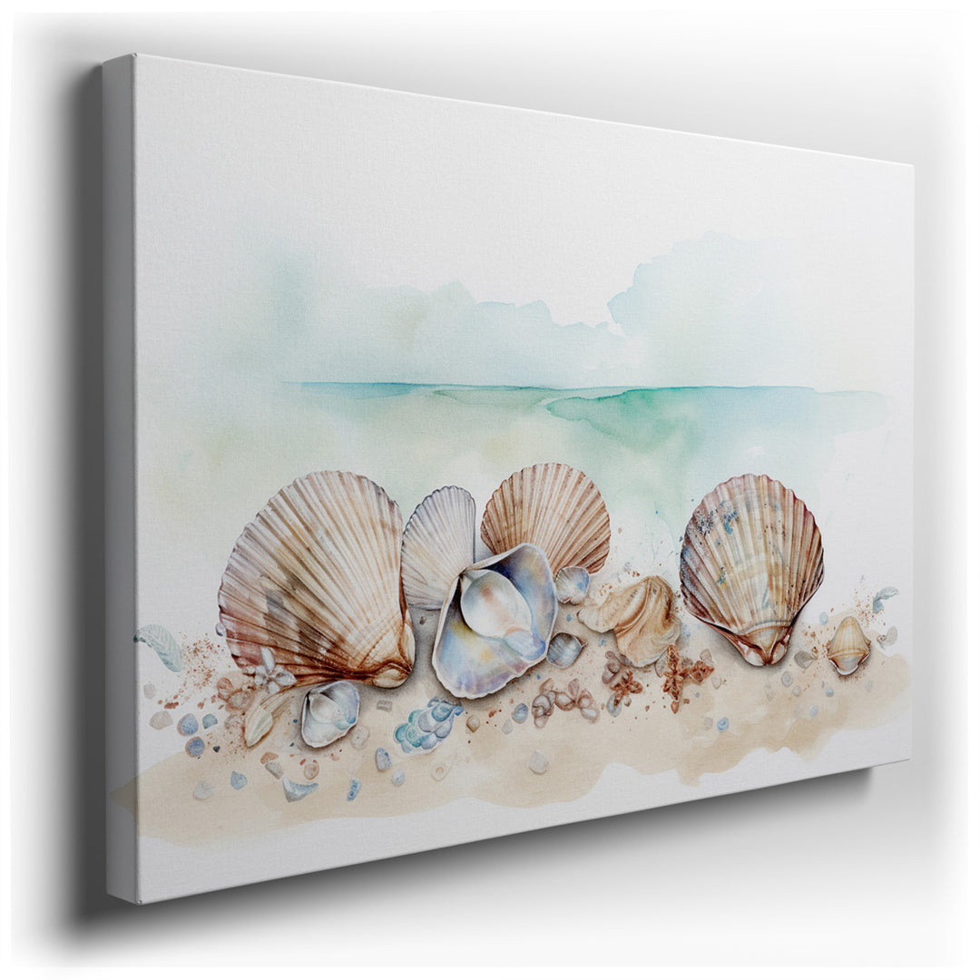 canvas print on wrapped canvas for wall decor – This exquisite watercolor wall art presents a serene tableau of seashells delicately arranged on a soft, sandy beach. Th...