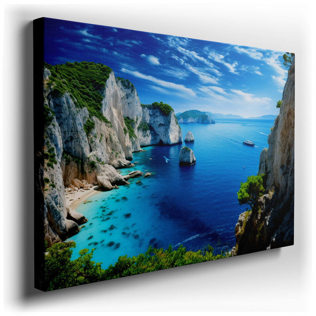 canvas print on wrapped canvas for wall decor – This wall art, a masterful depiction of nature's serene yet dynamic beauty, portrays a dramatic scene of seaside cliffs...