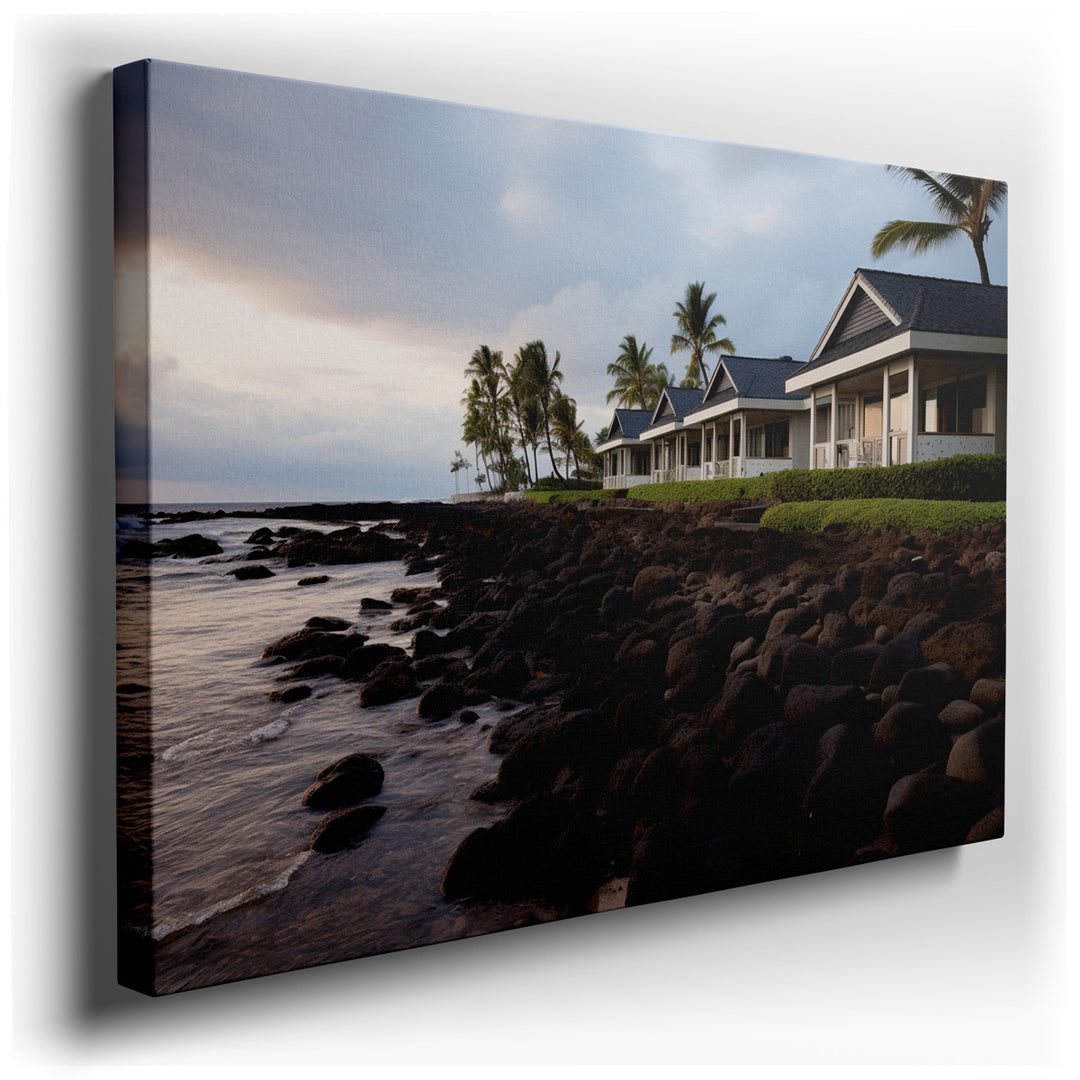 canvas print on wrapped canvas for wall decor – This captivating wall art transports viewers to a picturesque seaside escape, where charming beachfront villas are delic...