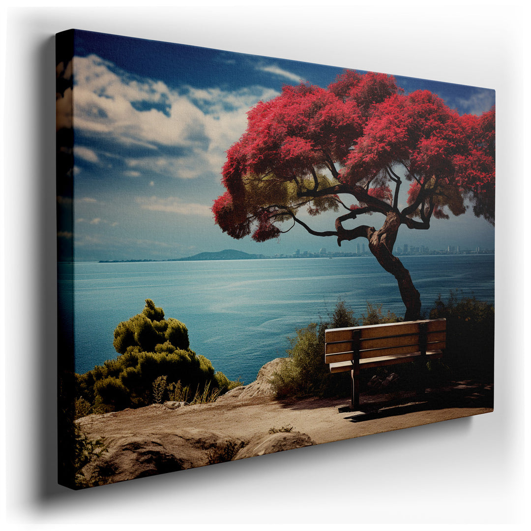 canvas print on wrapped canvas for wall decor – This enchanting wall art captures a serene moment at the edge of the ocean, where a picturesque coastal bench sits invit...