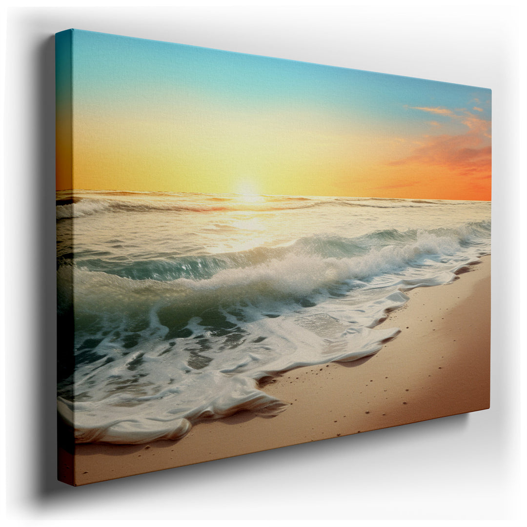 canvas print on wrapped canvas for wall decor – This enchanting wall art captures the serene beauty of a shoreline at sunset, a scene that effortlessly evokes a sense o...