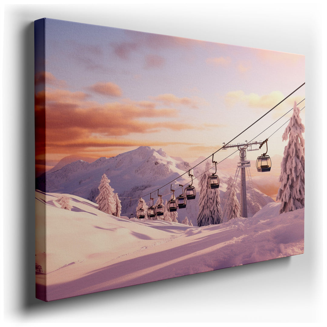 canvas print on wrapped canvas for wall decor – This wall art captures the serene beauty of a ski resort enveloped in the gentle embrace of winter. As one gazes upon th...