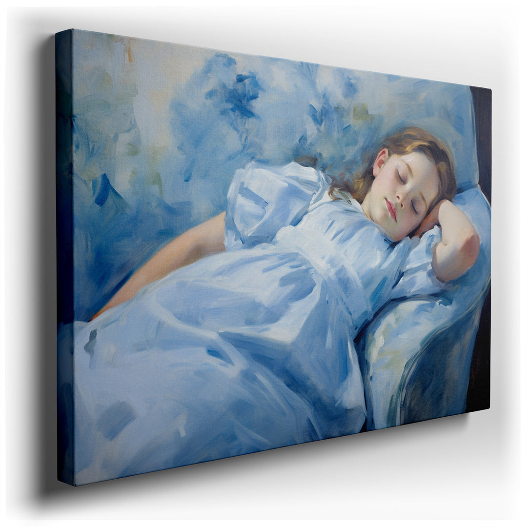 canvas print on wrapped canvas for wall decor – This exquisite wall art captures the essence of tranquility and innocence through the depiction of a young girl in a ser...