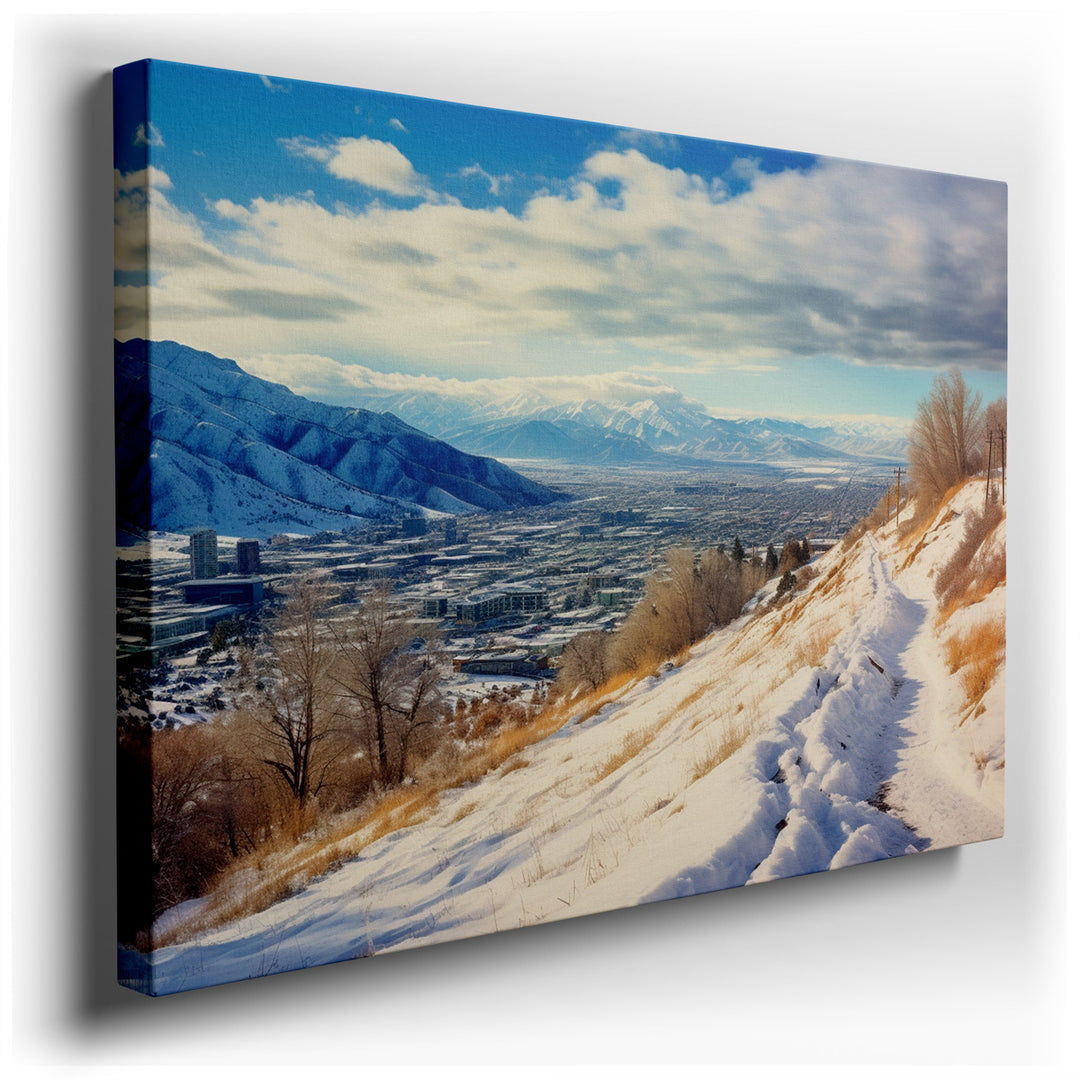 canvas print on wrapped canvas for wall decor – This enchanting wall art portrays a serene snowy valley, nestled amidst towering mountains that fade into the soft, gray...