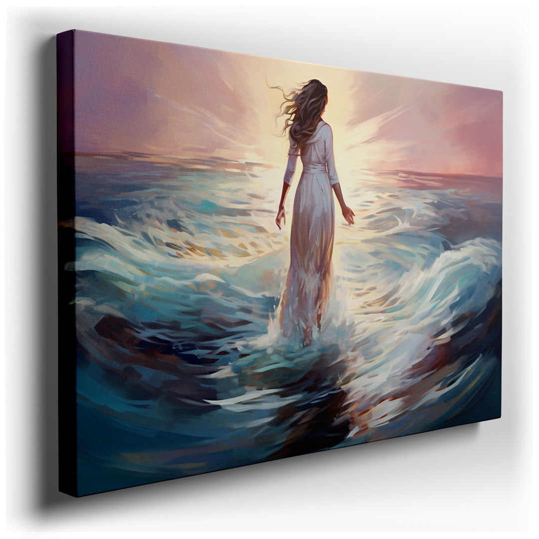 canvas print on wrapped canvas for wall decor – This wall art captures a moment of profound serenity and beauty, depicting a woman walking gracefully through gentle oce...