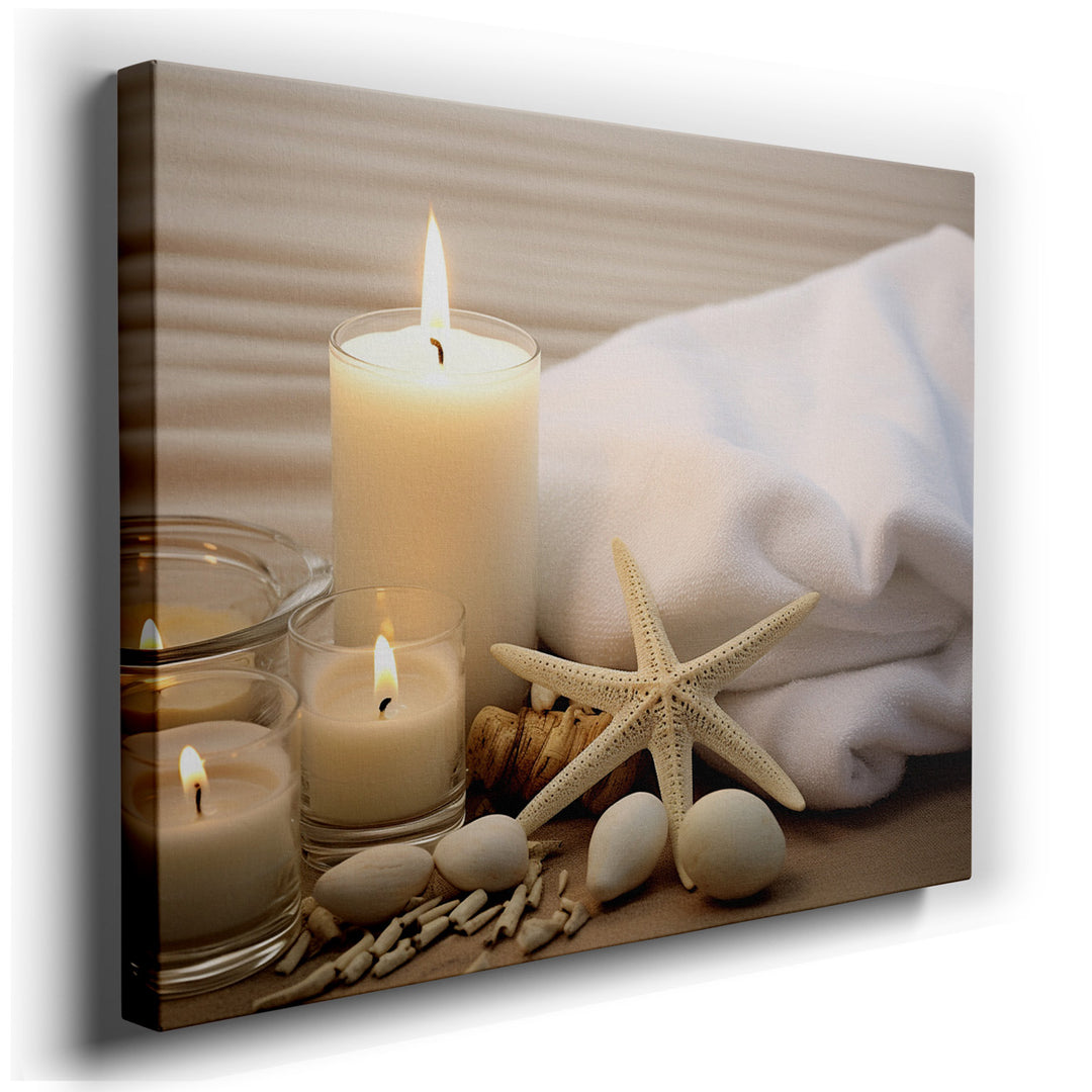 canvas print on wrapped canvas for wall decor – The wall art captures a serene and spa-inspired tableau that is both soothing and luxurious. It depicts an arrangement o...