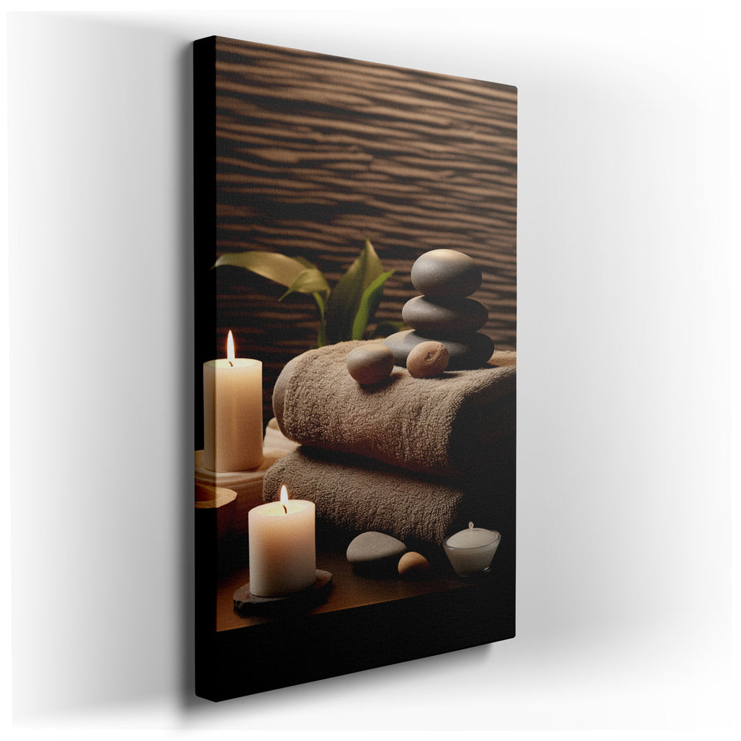 canvas print on wrapped canvas for wall decor – This wall art, an epitome of tranquility and serene aesthetics, is a masterful representation of a spa-inspired setting...
