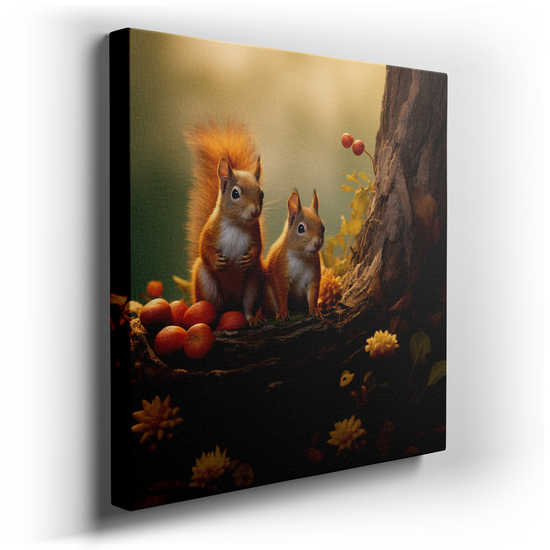 canvas print on wrapped canvas for wall decor – This enchanting wall art captures a tranquil scene of two adorable squirrels nestled comfortably in their natural habita...