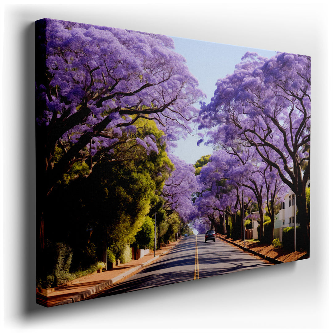 canvas print on wrapped canvas for wall decor – This enchanting wall art captures a serene and picturesque street, gracefully lined with majestic jacaranda trees in ful...