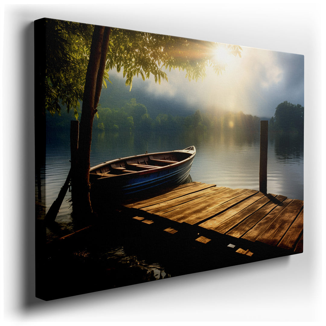 canvas print on wrapped canvas for wall decor – This wall art, a serene depiction of a wooden boat gently moored beside an aged, weathered pier, invites viewers into a...