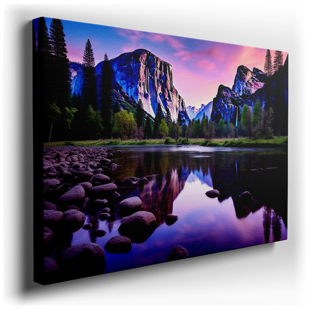 canvas print on wrapped canvas for wall decor – This wall art, a masterful depiction of nature's serene beauty, captures the tranquil reflection of a vibrant sunrise ov...