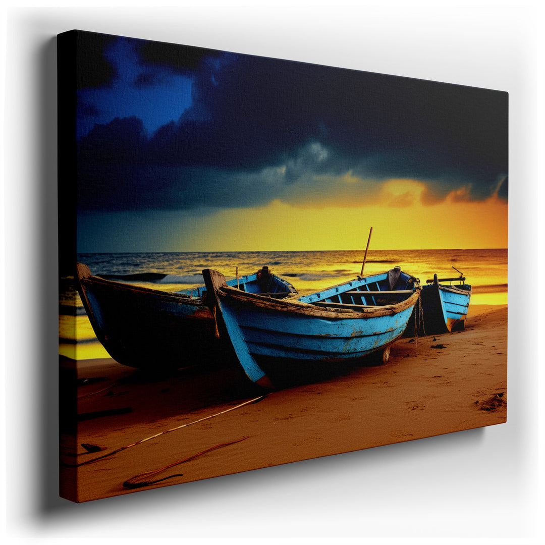 canvas print on wrapped canvas for wall decor – This wall art captures a serene and poignant scene of weathered blue boats resting on a sandy beach, bathed in the warm,...