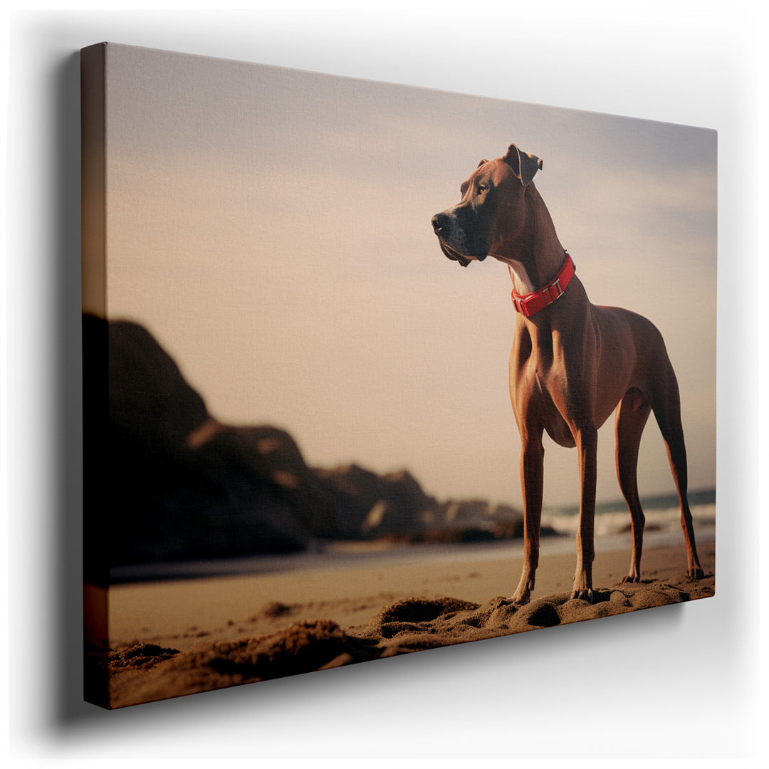 canvas print on wrapped canvas for wall decor – This wall art captures a serene and poignant moment on a sandy beach, where a dignified dog stands, gazing contemplative...