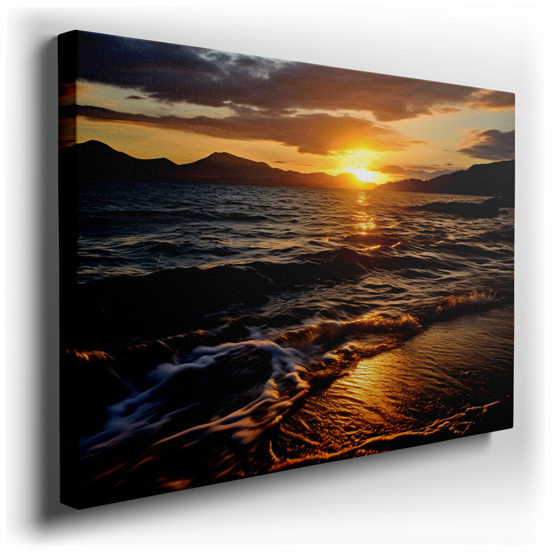 canvas print on wrapped canvas for wall decor – This exquisite wall art portrays a breathtaking landscape where the sun gracefully descends over a tranquil sea, bordere...