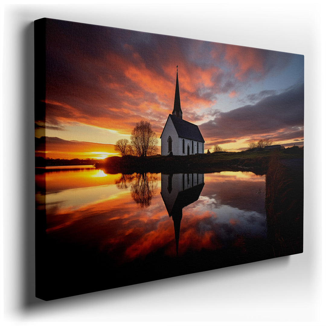 canvas print on wrapped canvas for wall decor – Imagine a wall art that captures the serene beauty of a quaint church, its architecture elegantly mirrored in the still...