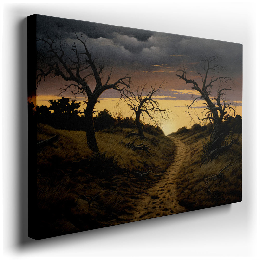 canvas print on wrapped canvas for wall decor – This enchanting wall art captures a moment of serene beauty as the sun sets, casting a warm, golden glow over a tranquil...