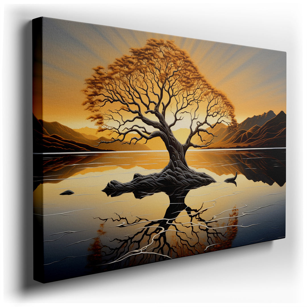 canvas print on wrapped canvas for wall decor – This exquisite wall art captures the serene beauty of a solitary tree, its silhouette elegantly outlined against the vib...