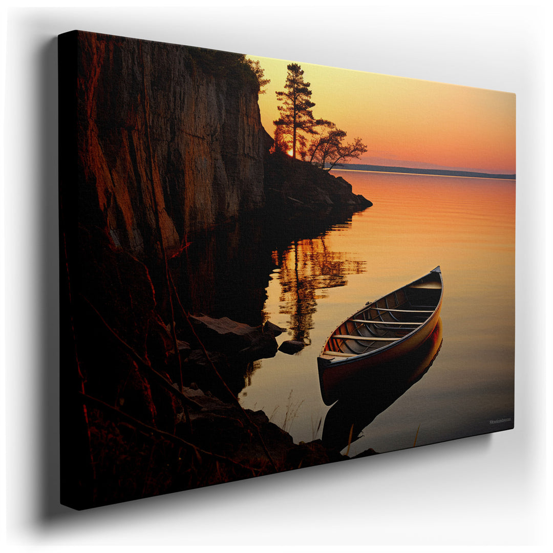canvas print on wrapped canvas for wall decor – This enchanting wall art captures a serene moment at sunset, where the golden hues of the fading sun cast a warm, inviti...