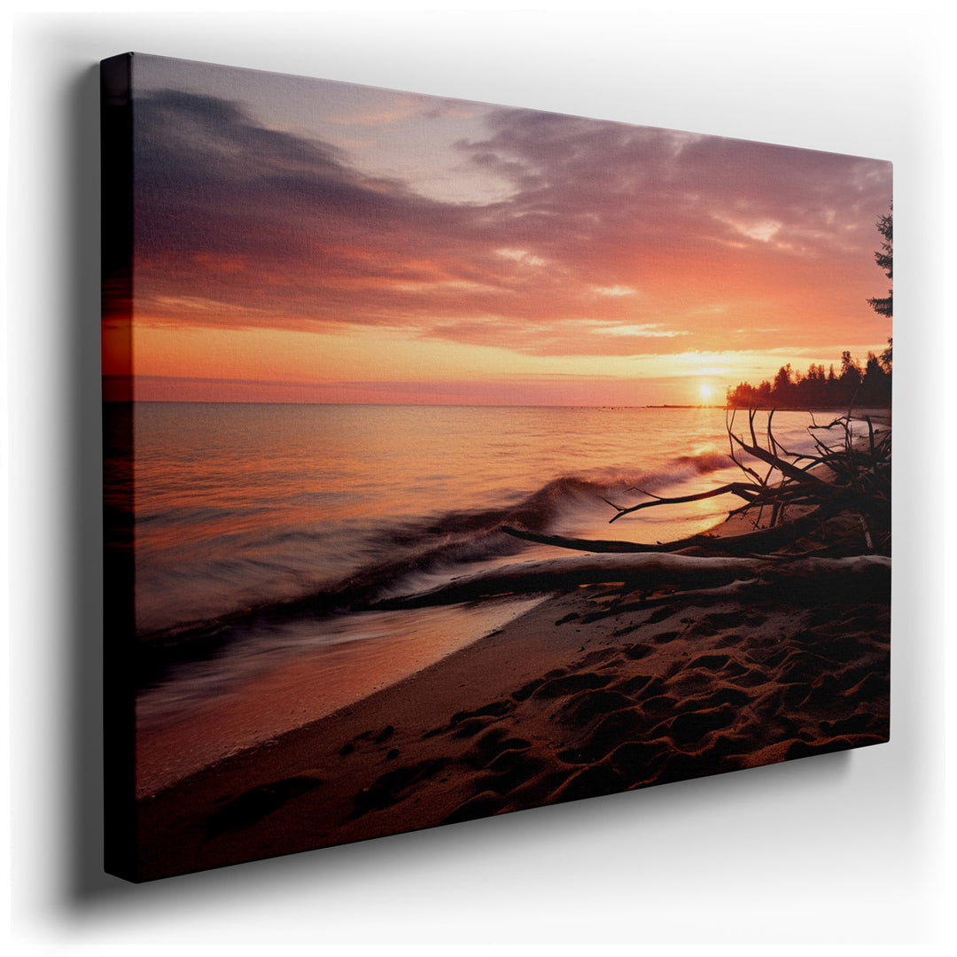 canvas print on wrapped canvas for wall decor – Imagine a wall art that captures the serene beauty of a sunset over a tranquil lake. This artwork, with its vibrant inte...