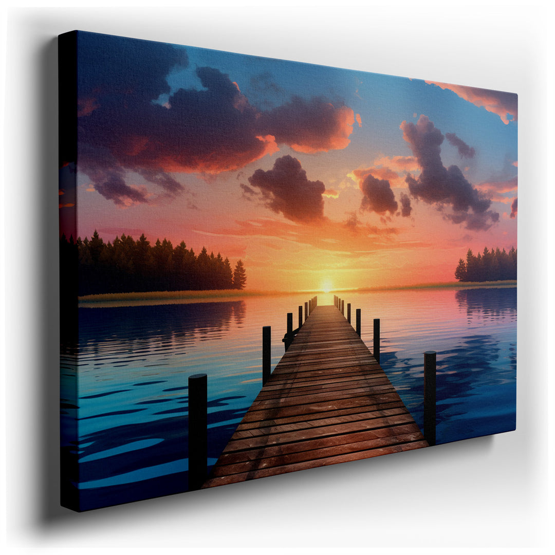 canvas print on wrapped canvas for wall decor – This enchanting wall art portrays a serene sunset over a tranquil lake, a scene that effortlessly draws the viewer into...