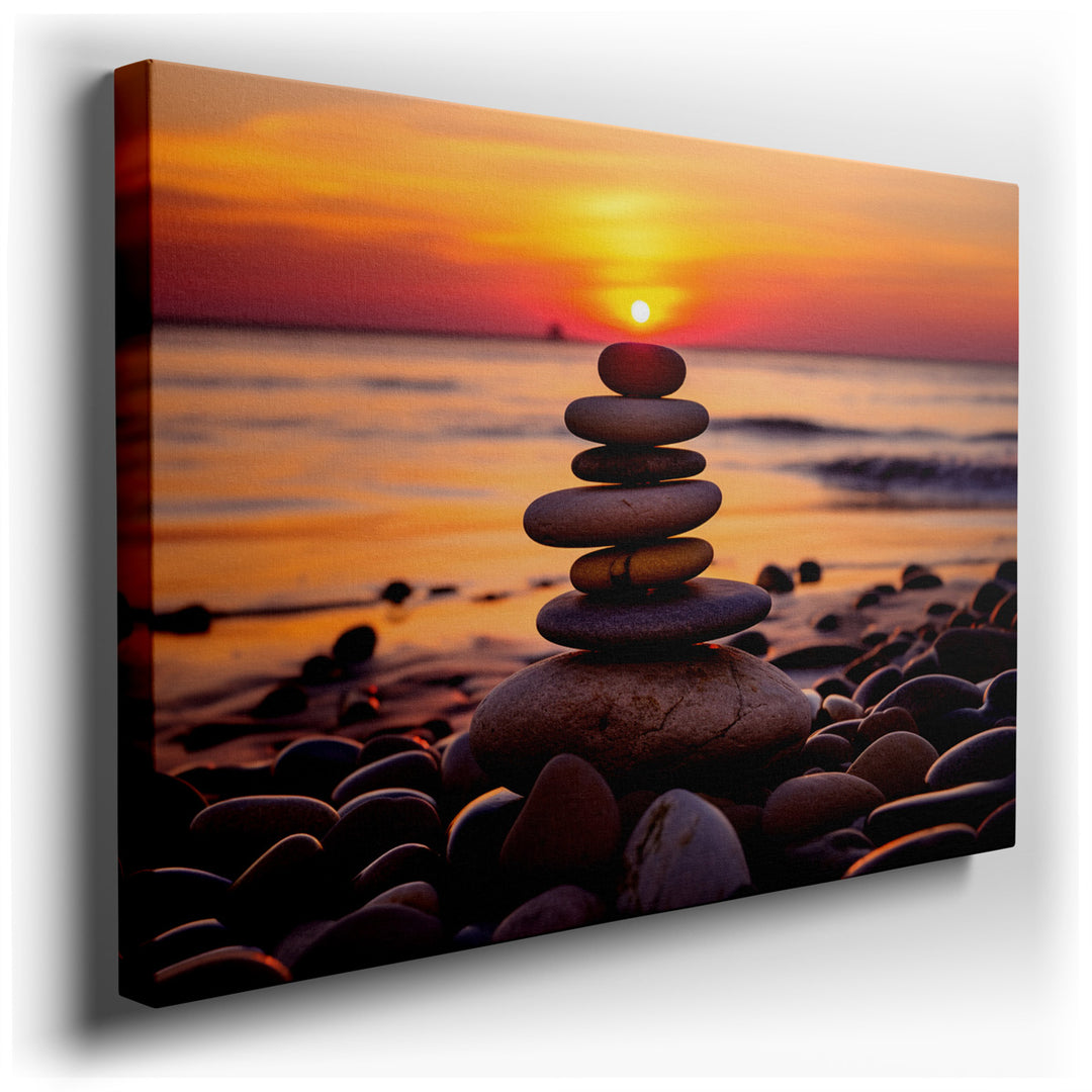 canvas print on wrapped canvas for wall decor – This wall art, a masterful depiction of a serene sunset at a pebble beach, is an exquisite representation of tranquility...
