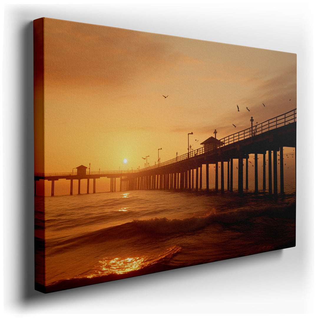 canvas print on wrapped canvas for wall decor – This wall art, a masterful depiction of a fishing pier at sunset, is an artwork that exudes tranquility and a deep appre...